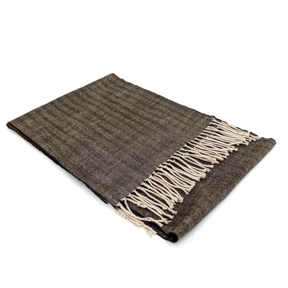 Italy‎ Design Cashmere Blend Herringbone Scarf Brown Fringe Wrap Dark Academia